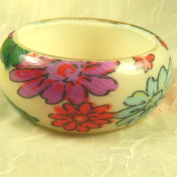 Hand Painted Floral Bangle Bracelet Purple Blue Red Ivory Statement Boho Vintage - Picture 1 of 3